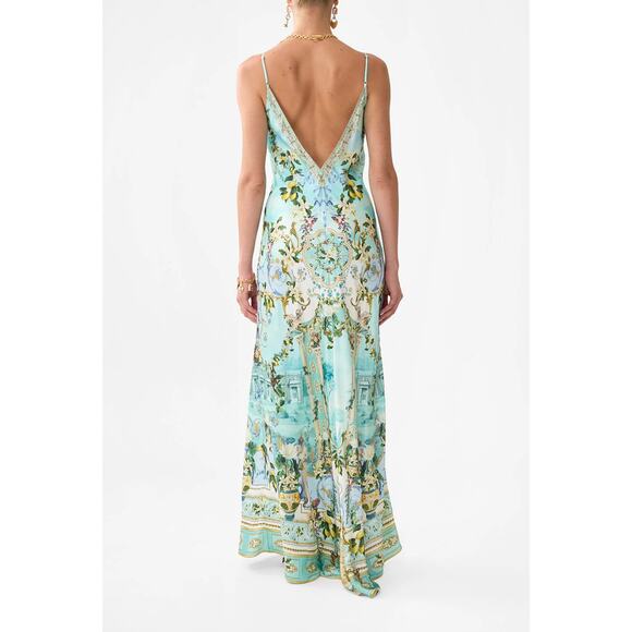 Camilla v neck long bias slip dress with train Venus on a vespa S - Picture 3 of 4